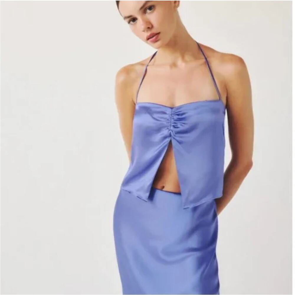 NWT Reformation Beba Silk Top Jacaranda Tie Neck Split Cropped Womens Size 0